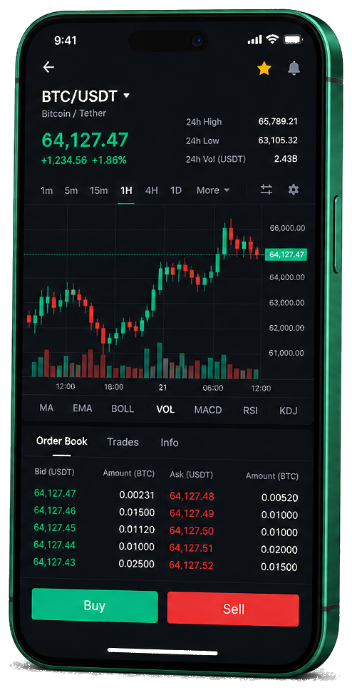 Qarfina AI trading platform on mobile — live BTC/USDT chart, order book, and buy/sell interface